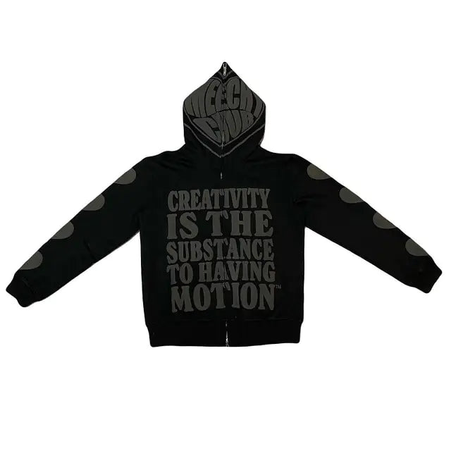 Retro Gothic Letter Printed Zip Up Hoodie